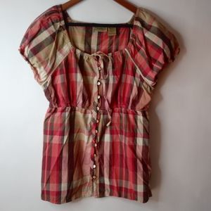 Art & Soul L Red Tan Plaid Cotton Peasant Top